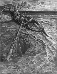 Statek tonie, ale marynarz zostaje uratowany przez pilota i pustelnika, scena z „Szronu starożytnego marynarza” S.T. Coleridge, wyd. Harper und Brothers, Nowy Jork, 1876 (drewno)